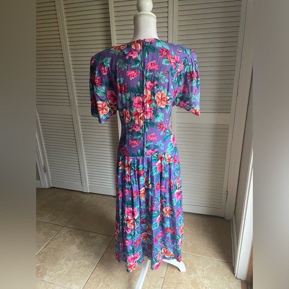 Vintage 80s David Benjamin Floral Drop Waist Midi Dress Prairie CottageCore - Picture 6 of 11